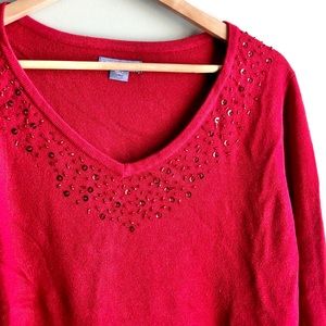 Laura Scott Red Beaded VNeck Sweater